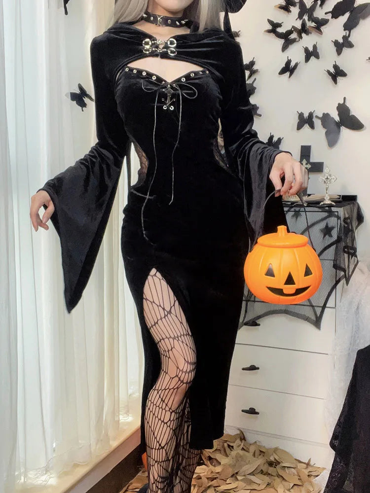 Long Dress Suit With Hat See Through Velvet Lace Cutout High Slit Long Sleeve Button Lace-up Party Dress