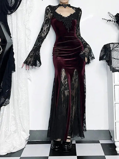 Gothic Long Sleeve Lace Ruched Fishtail Bodycon Mermaid Cocktail Maxi Dress