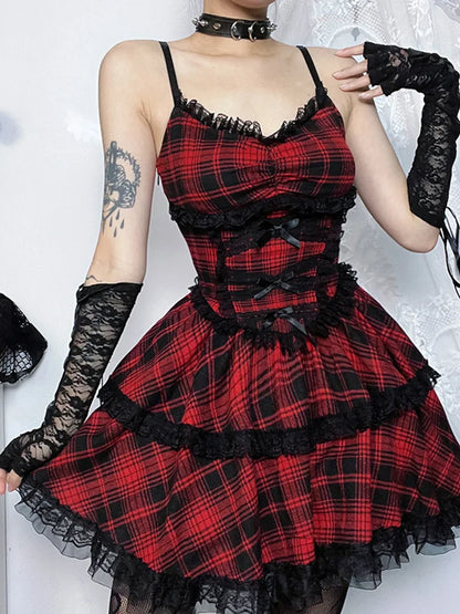 Plaid Mall Goth Grunge Punk Black Emo Party Lace Up Backless Mini Dress A-Line Dress