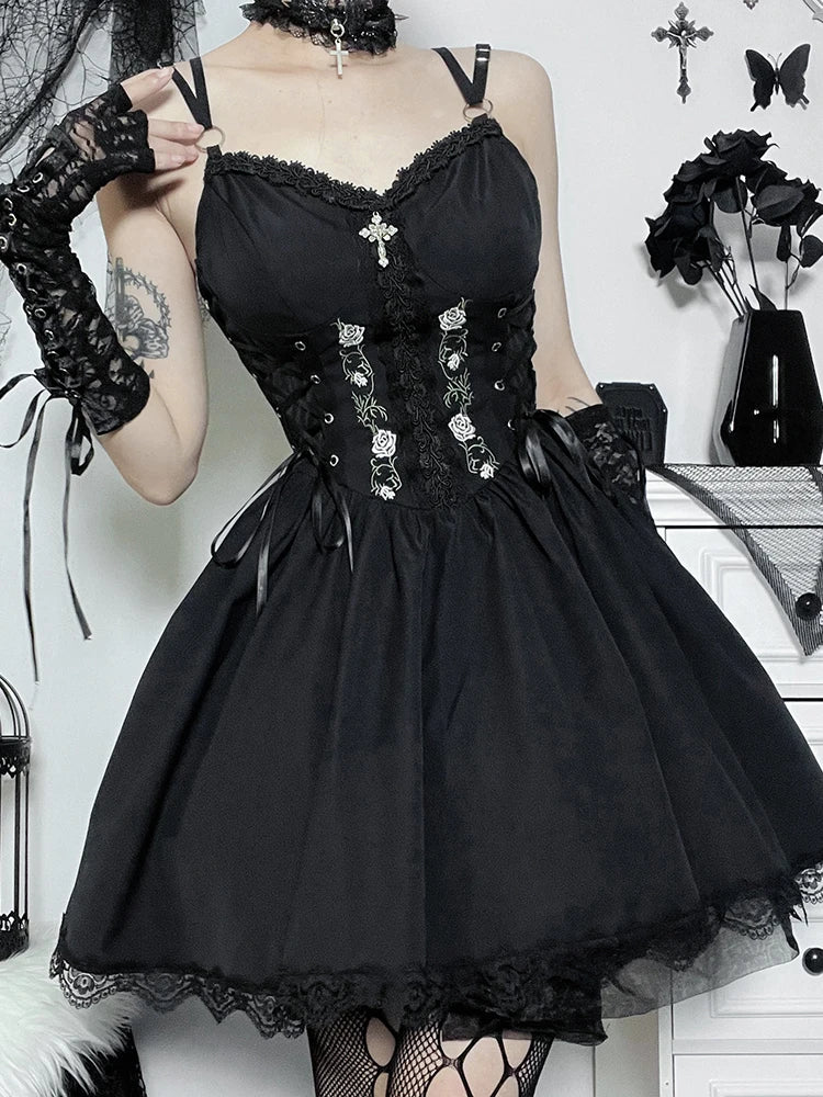 Gothic Sexy Black V Neck Lace Up Y2K Grunge Punk High Waist Lace Trim Party Dress