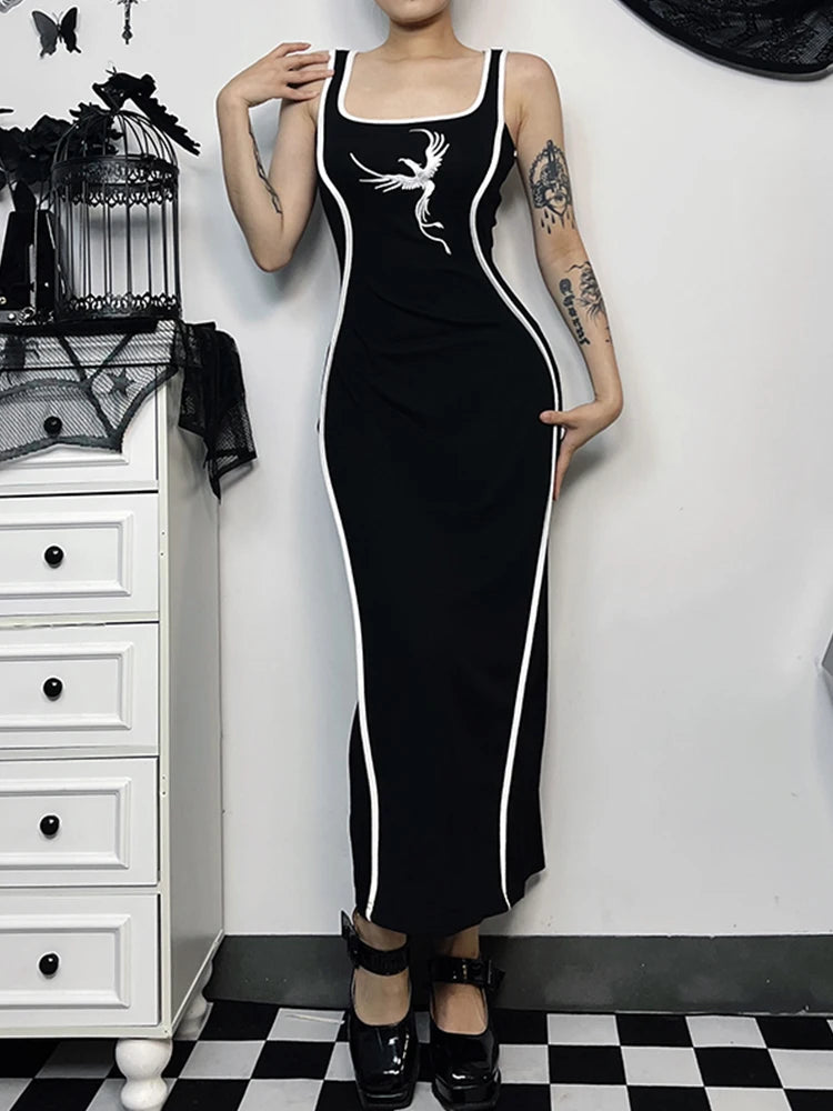 Gothic Square Neck Tank Sexy Sleeveless High Waist White Embroidery Bodycon Dress