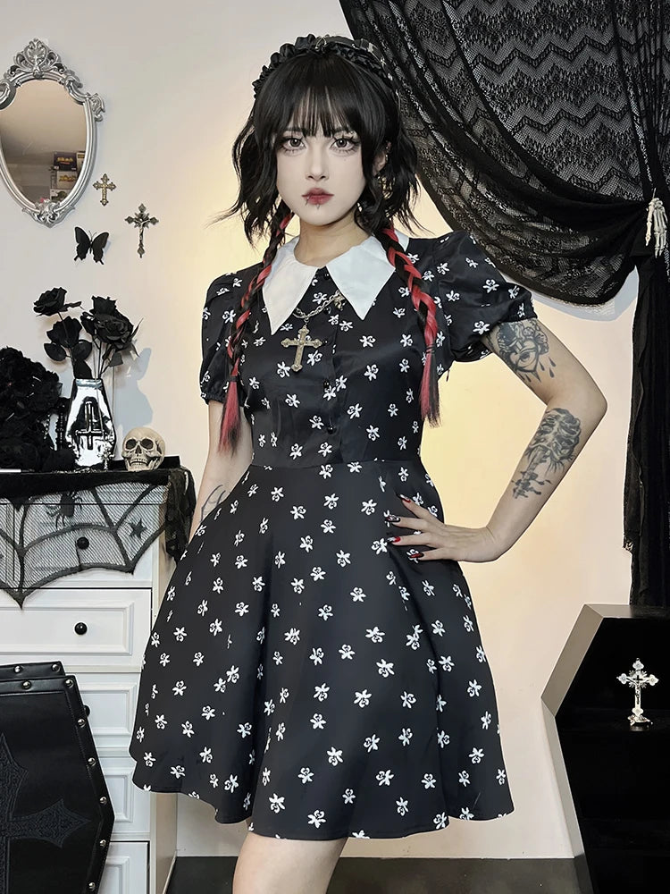 Gothic Turn Down Collar A-Line Punk Print Short Sleeve Swing Cloak Bodycon Dress