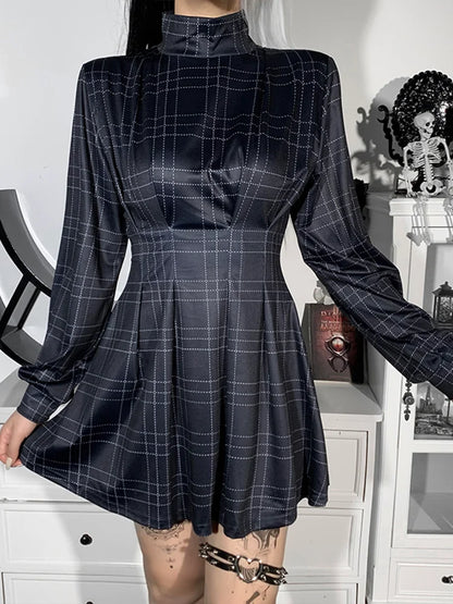 Plaid Winter Long Sleeve Turtleneck A-Line Cosplay Academy Pleated Corset Dark Blue E Girl Partywear Dress