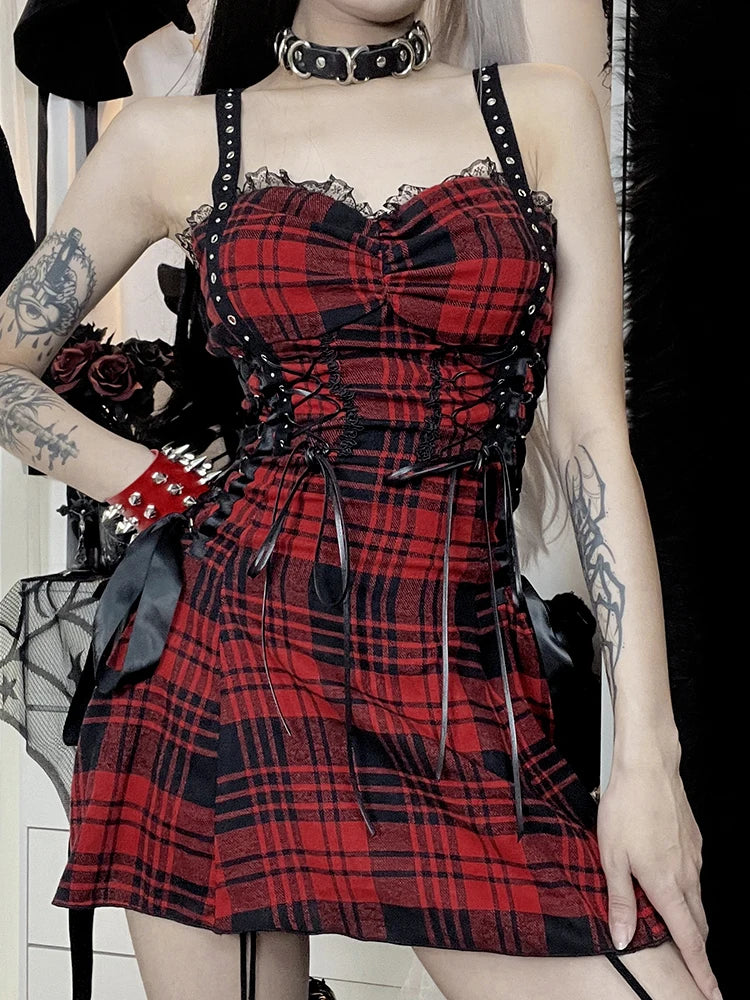 Red Plaid Street Goth Fairy Grunge Y2K Pleated Lace-Up Tube Lolita Eyelet Corset Mini Dress