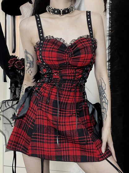 Red Plaid Street Goth Fairy Grunge Y2K Pleated Lace-Up Tube Lolita Eyelet Corset Mini Dress