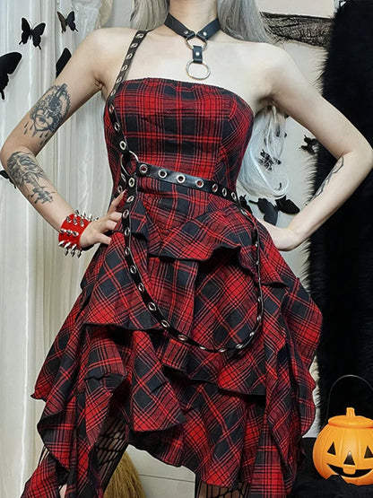 Red Plaid One Shoulder Irregular Strapless Backless Sexy Vintage Lolita Academy Dress