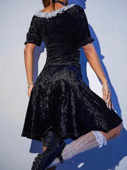 Sexy Black Harajuku Party Corset A-Line Velvet Summer Fashion Emo Chic Elegant High Waist Dress