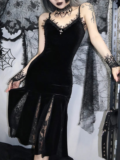 Sexy Spaghetti Strap Backless Velvet Gothic Cross Black Lace Patchwork Maxi Dress