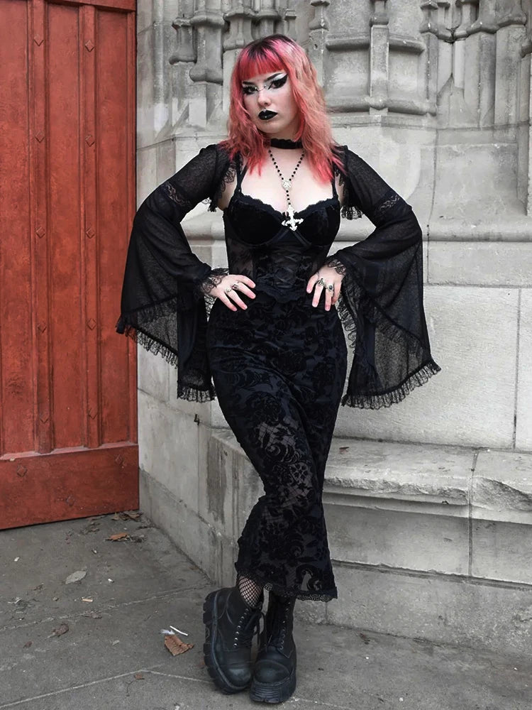 Velvet Lace Corset Bandage Midi Gothic Harajuku Street Mesh Print Sling Club Dress