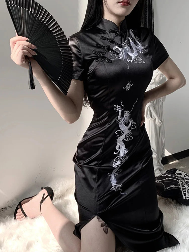 Women's Embroidery Dragon Qipao Cheongsam Retro Side Slit Stand Collar Evening Dress