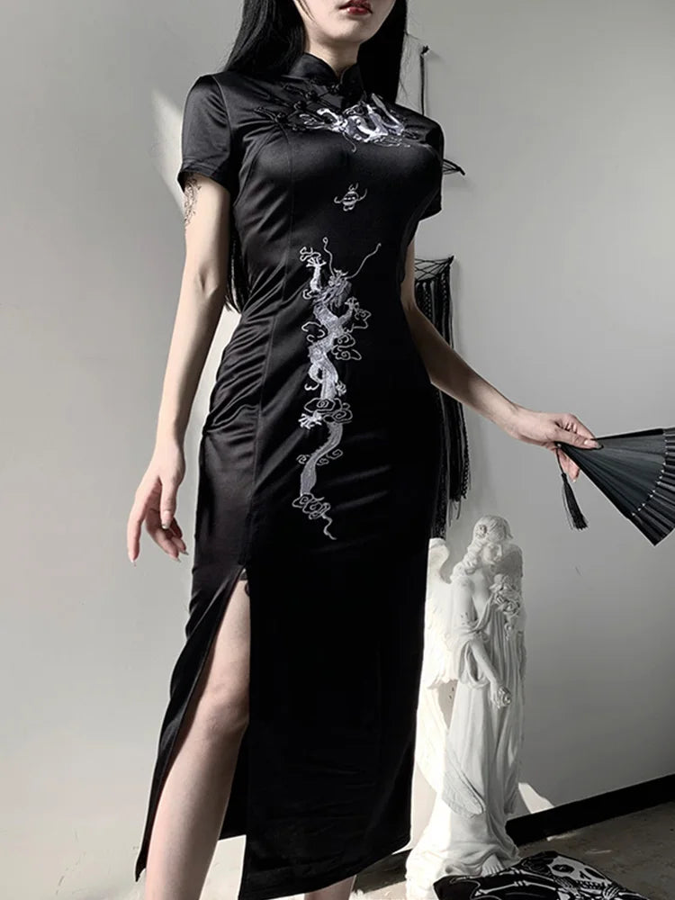 Women's Embroidery Dragon Qipao Cheongsam Retro Side Slit Stand Collar Evening Dress