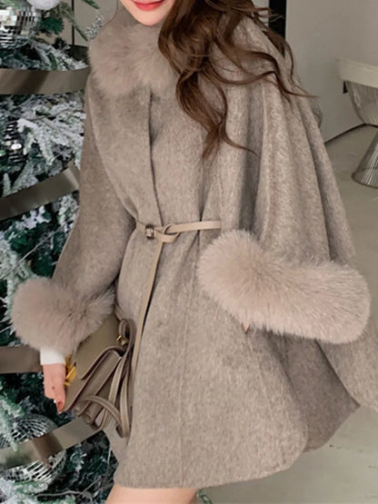 High End Double Sided Cashmere Fox Cloak Shawl Woolen Fashion Warm Coat