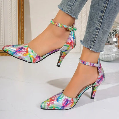 Fashion Ankle Strap Spring Pointed Toe Mixed Colors Buckle Dress High Heel