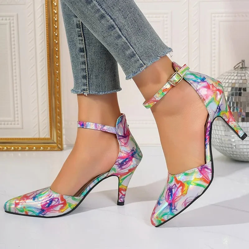 Fashion Ankle Strap Spring Pointed Toe Mixed Colors Buckle Dress High Heel