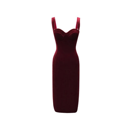 Lady Velvet Slip Chest Pad Thin Inner Bottom Hip Wrapping Midi Dresses