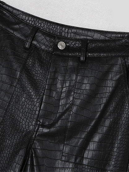 Autumn Black Crocodile Texture Leather Zipper High Waist Y2K Streetwear Pants