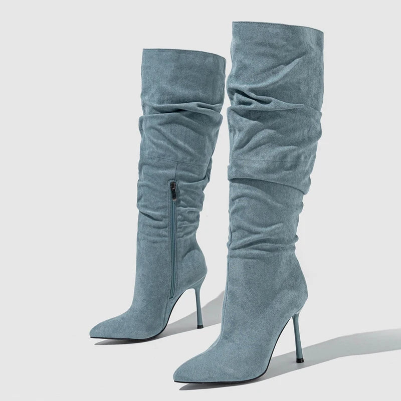 Stylish  Autumn Winter Pleated Denim Knee High Pointed Toe High Heel