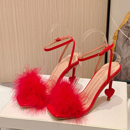 Trendy  Big Size Ankle Strap Strange High Heel Fluffy Feather High Heel