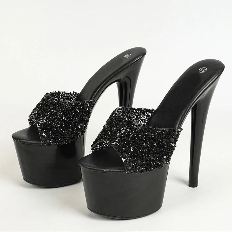 Black Red High Heel Sequined PVC Transparent Peep Toe High Heel