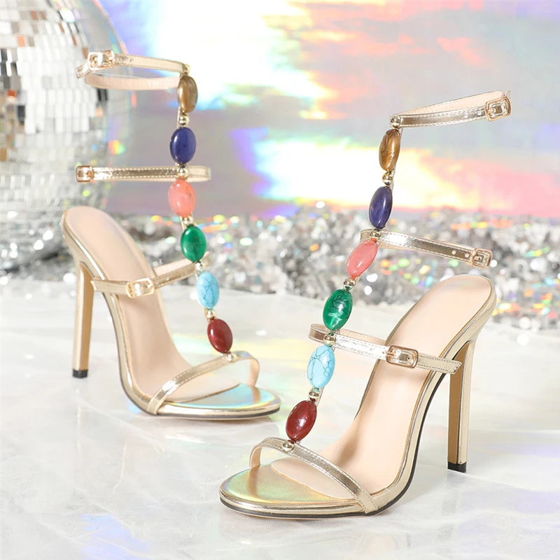 Stylish  Bohemian Fashion Colour Gem Strap Designer High Heel