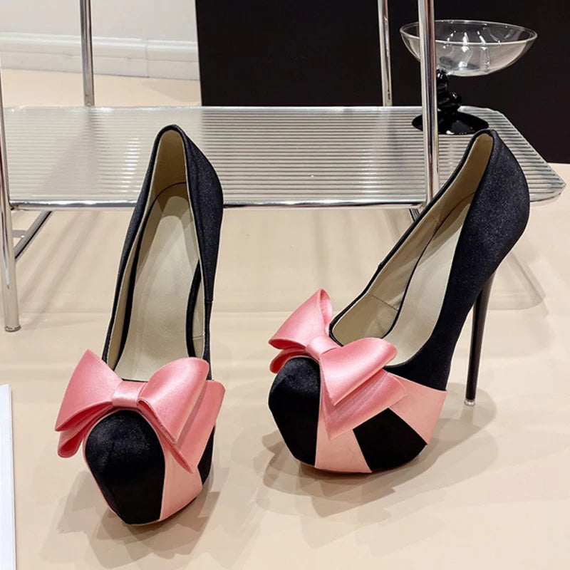 Fashion Design Bowknot Round Toe Platform Pumps High Heel