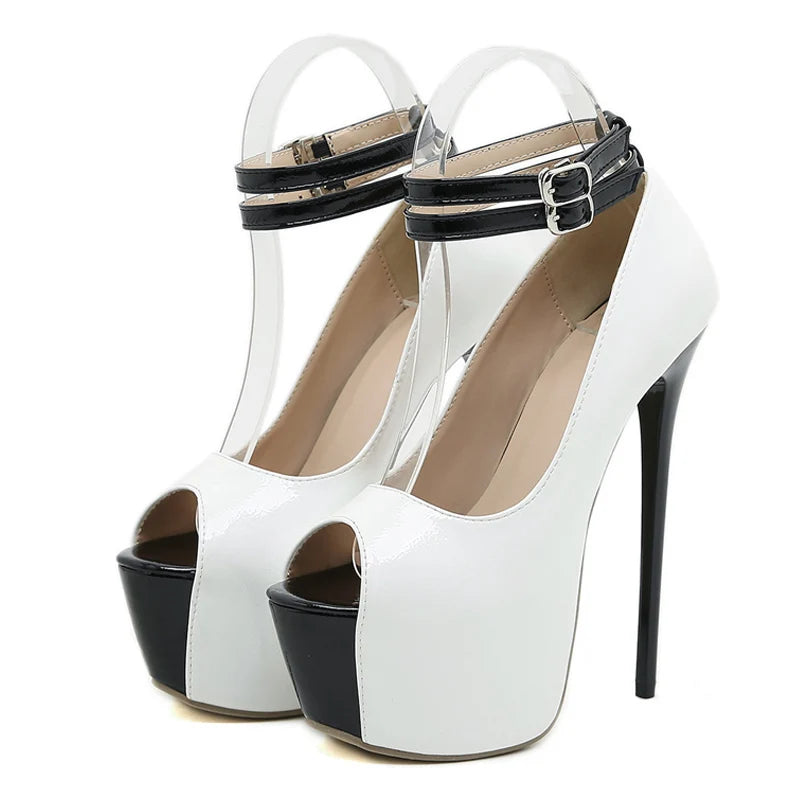 Trendy  Double Buckle Strap Platform Peep Toe Super High Heel High Heel