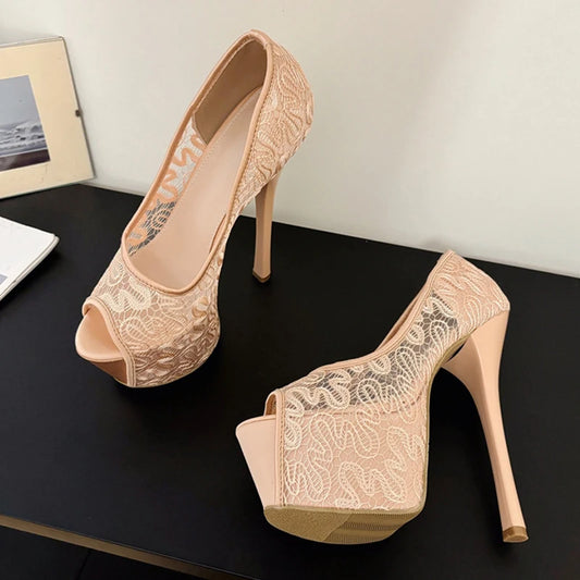 Stylish  Fashion Design Embroidery Mesh Slingback Peep Toe High Heel