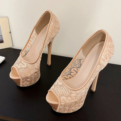 Stylish  Fashion Design Embroidery Mesh Slingback Peep Toe High Heel