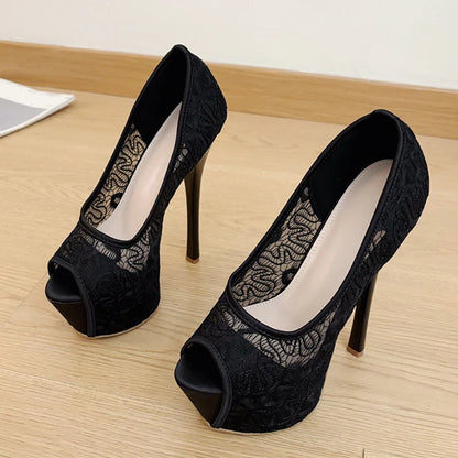 Stylish  Fashion Design Embroidery Mesh Slingback Peep Toe High Heel