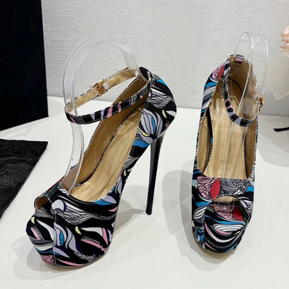 Trendy  Hand-Painted Leather Platform Peep Toe Strip High Heel