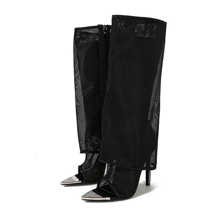 Sexy Metal Pointed Toe Black Mesh Knee High High Heel