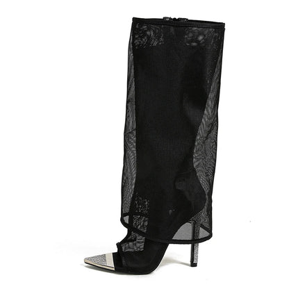 Sexy Metal Pointed Toe Black Mesh Knee High High Heel