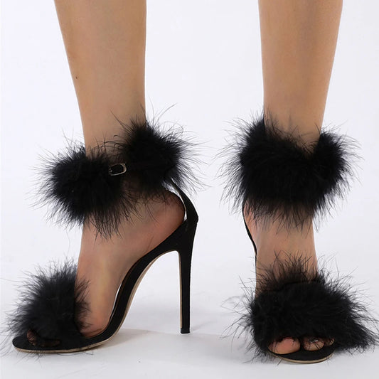 Cozy  Summer Faux Fur Ankle Strap Open Toe Feather High Heel