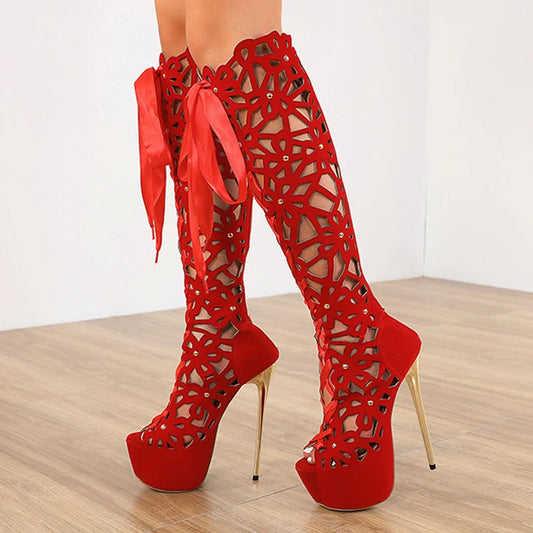 Summer Roma Style Hollow Out Cross Lace-Up Super Thin Heels High Heel