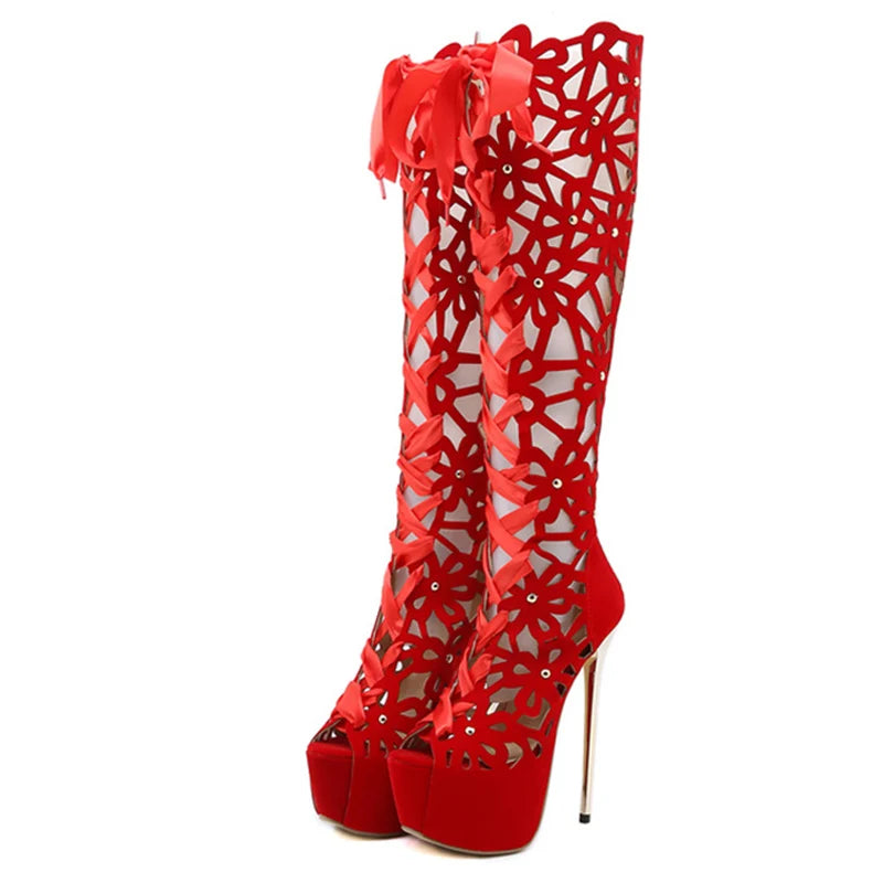 Summer Roma Style Hollow Out Cross Lace-Up Super Thin Heels High Heel