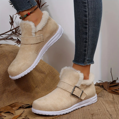 Plush Lined Flat Winter Warm Buckle Strap Slip-on Snow Boot