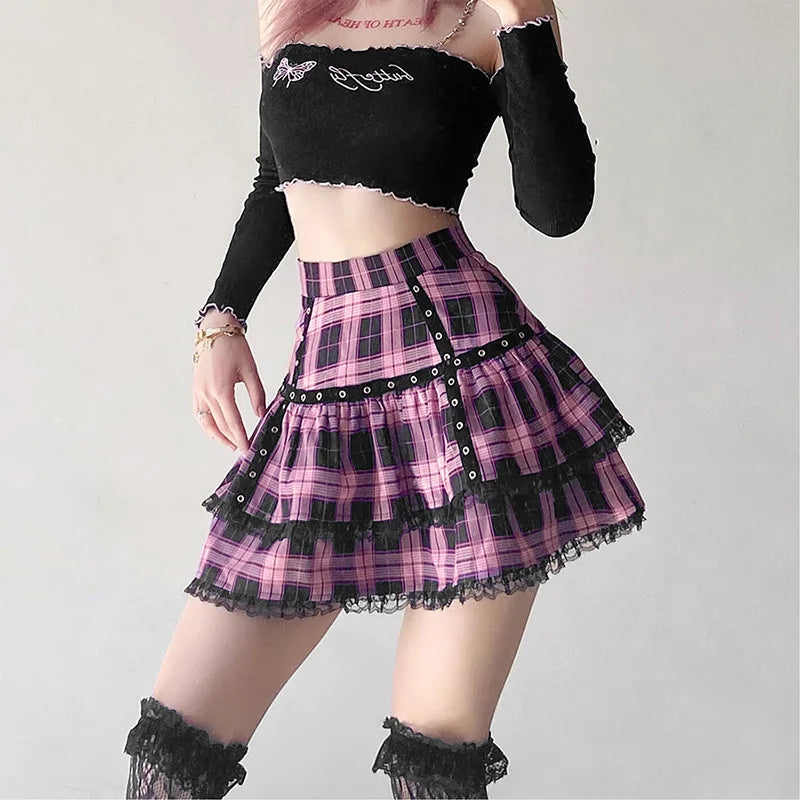 Lolita Cake Gothic Japanese Harajuku Purple Pink Plaid Pleated Skirt