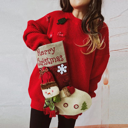 Red Christmas Snowman Doll Pocket Sweater