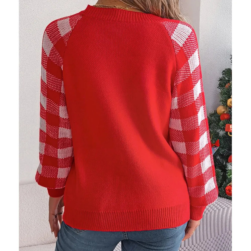 Knitted Plaid Christmas Sweater with Round Neck and Long Sleeves for Autumn/Winter