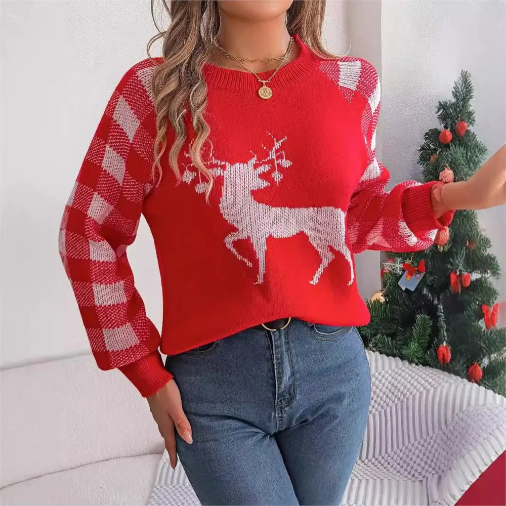 Knitted Plaid Christmas Sweater with Round Neck and Long Sleeves for Autumn/Winter