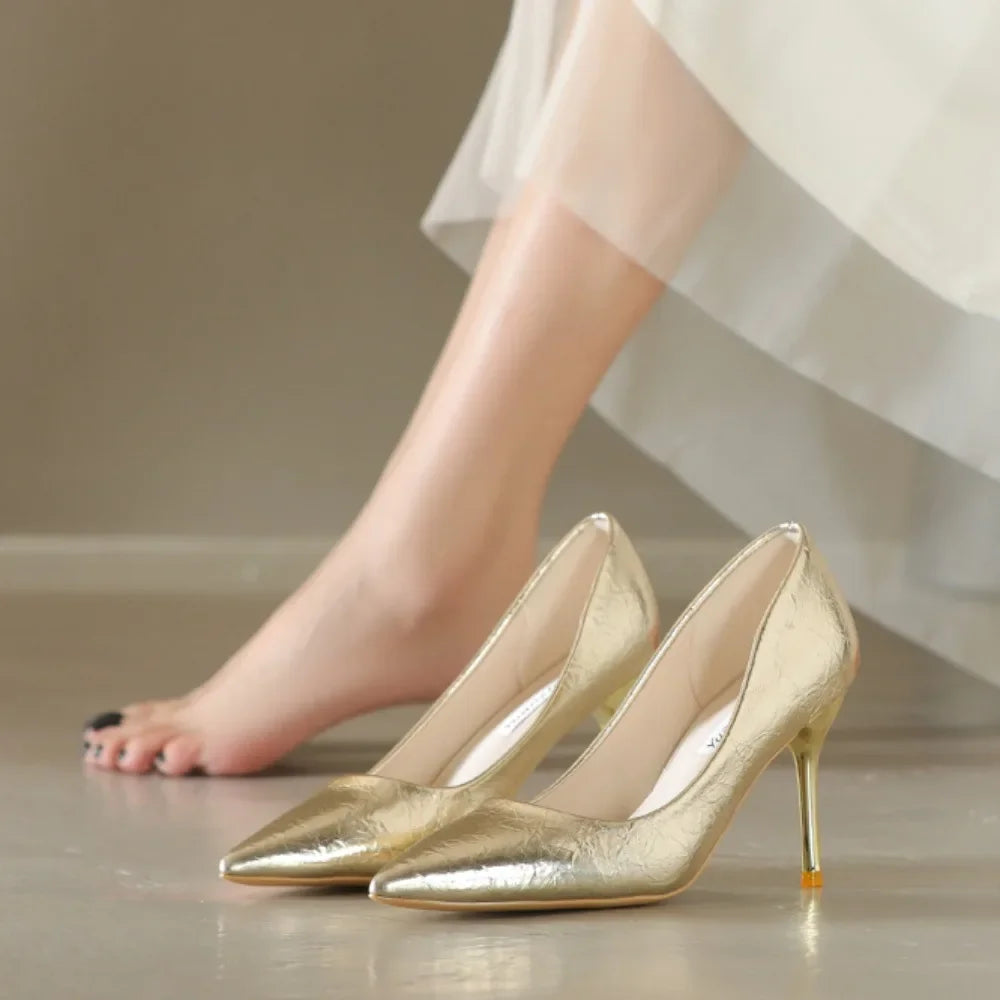 Luxury Gold Shiny Large Size Party Pointed Toe Wedding High Heel