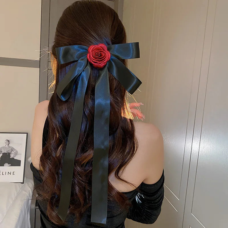 Rose Blossom Ribbon Spring Clip Hair Accessory