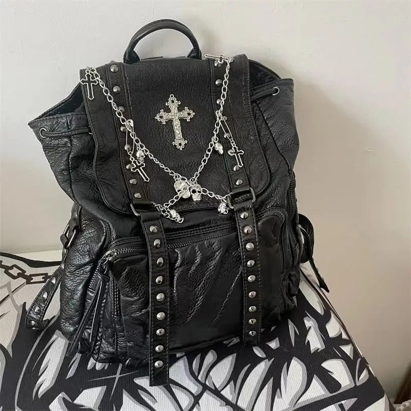 Goth Y2k Black Punk Rivet Chain Skeleton Fashion Women Backpack Bag