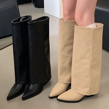 New Fashion Pointed Toe Ladies Modern Long Booties Denim Women Knee High Boots With Heels Pumps Shoes Female Slip On Footwear