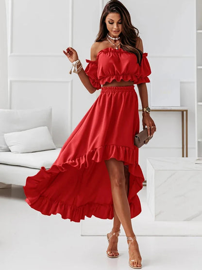 DressBetty - Summer Ruffles Off Shoulder Irregular Long Skirt