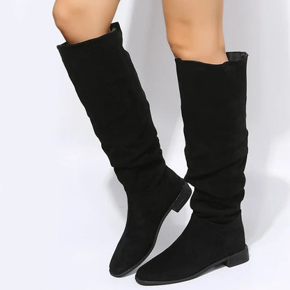 New Quality Pleated Faux Suede Flock Flat Autumn Winter Dress Knee High Boots