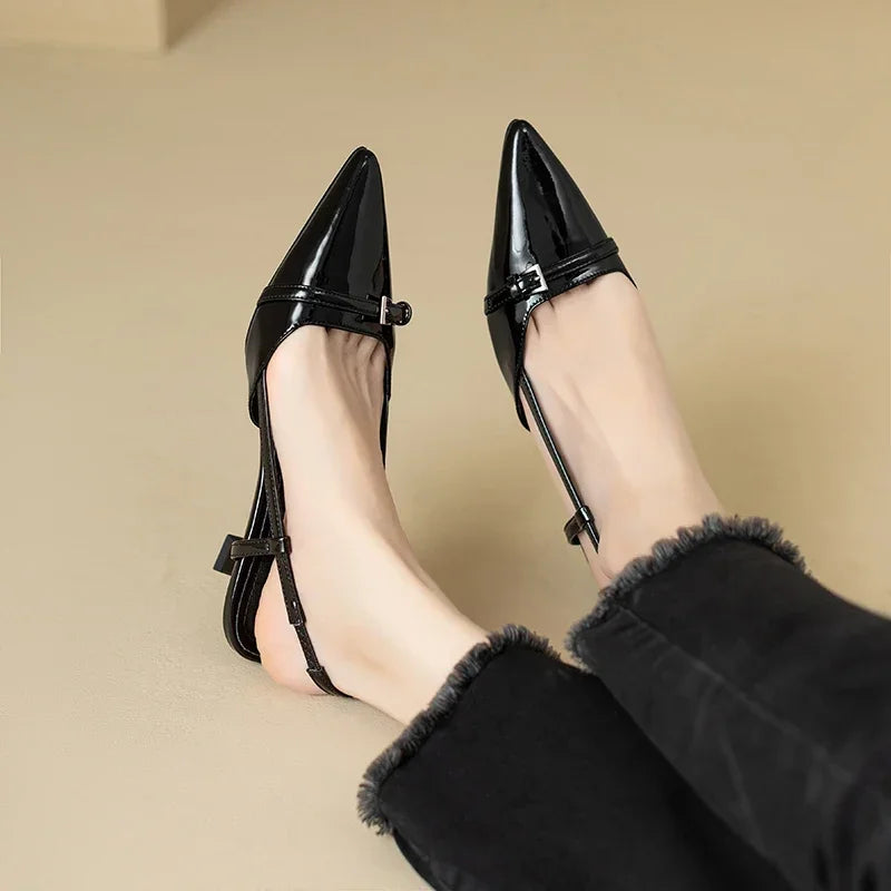 New Summer Dress Shoes Pointed Toe Buckle Slingbacks Patent Leather Slip on Low Heel Pumps