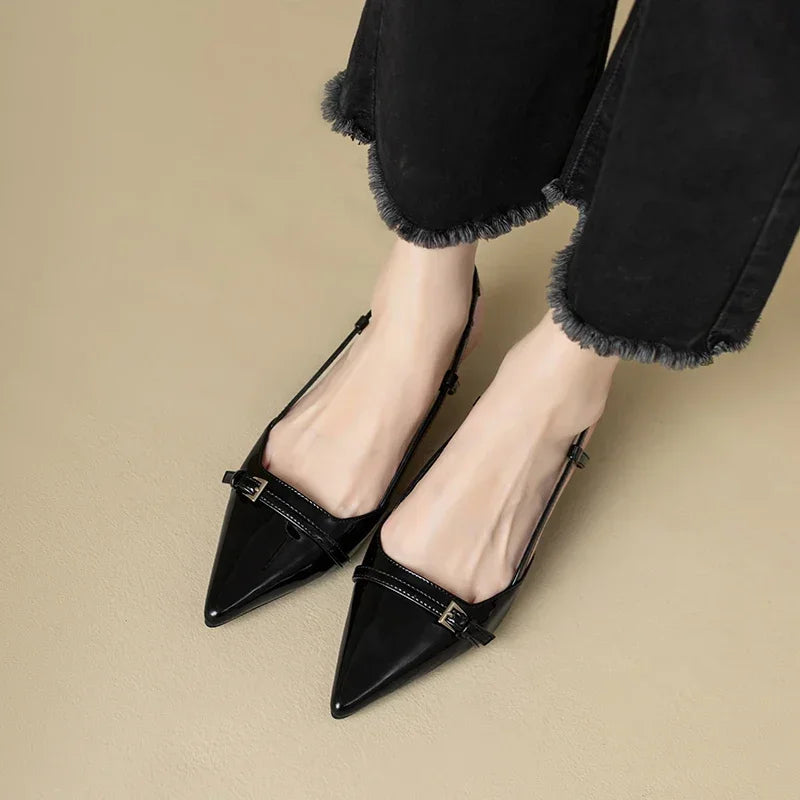 New Summer Dress Shoes Pointed Toe Buckle Slingbacks Patent Leather Slip on Low Heel Pumps