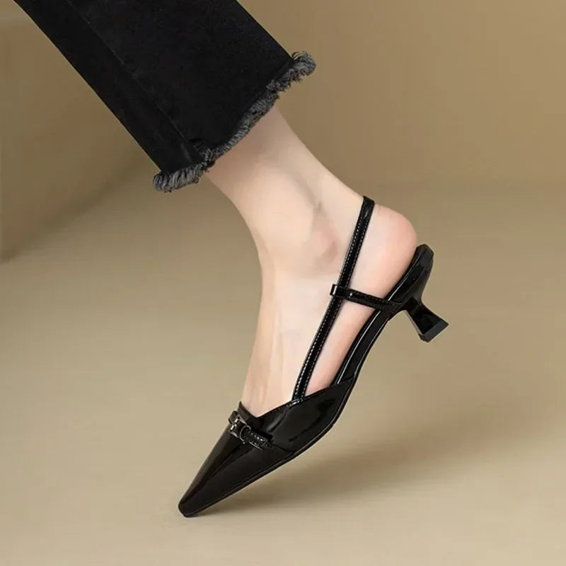 New Summer Dress Shoes Pointed Toe Buckle Slingbacks Patent Leather Slip on Low Heel Pumps