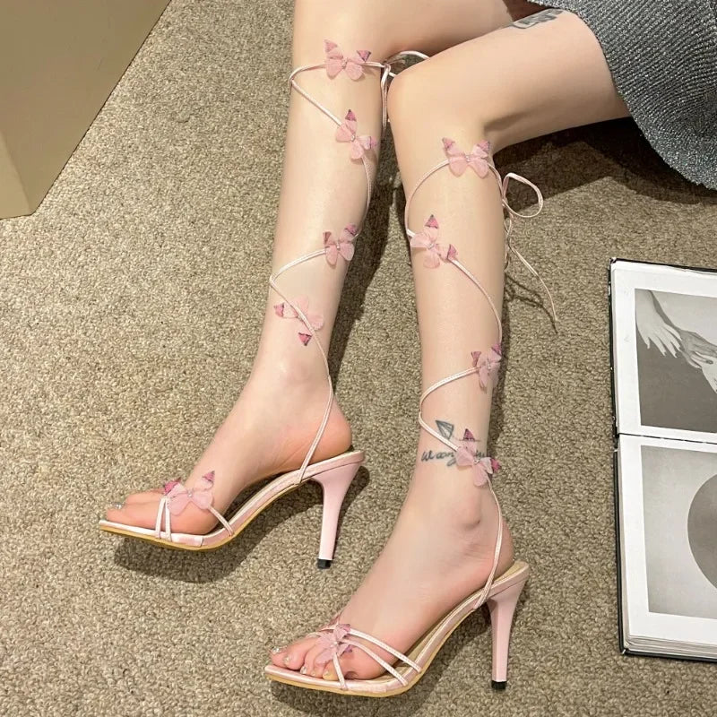 Fashion Pink Butterfly Design Elegant Strappy Open Toe Party High Heel